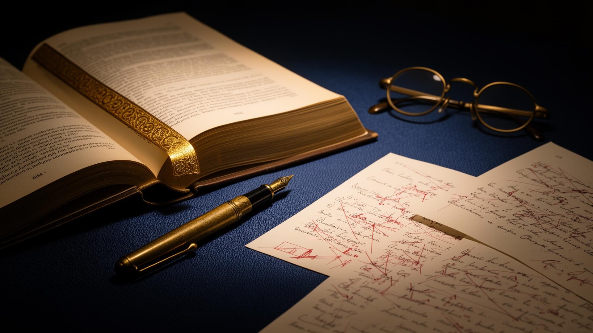 Editorial workspace with open book and manuscript